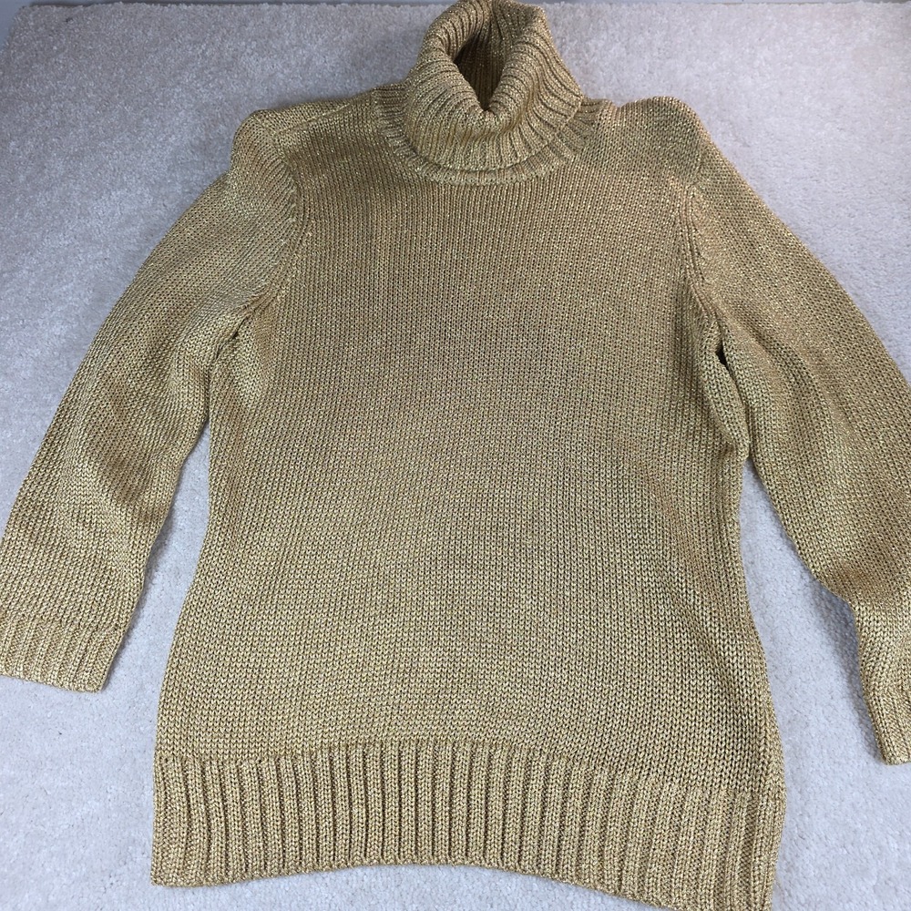 Lauren‎ Ralph Lauren Sweater Womens M Petite Metallic Gold Cable Knit Turtleneck